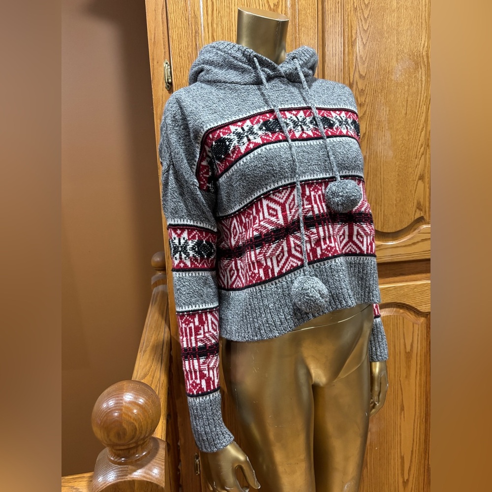 Youth Cozy Grey and Red Fair Isle Hooded Sweater with Pom-Pom Drawstrings - Picture 4 of 7